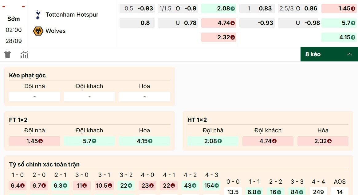 Đánh giá bảng kèo Tottenham Hotspur vs Wolves